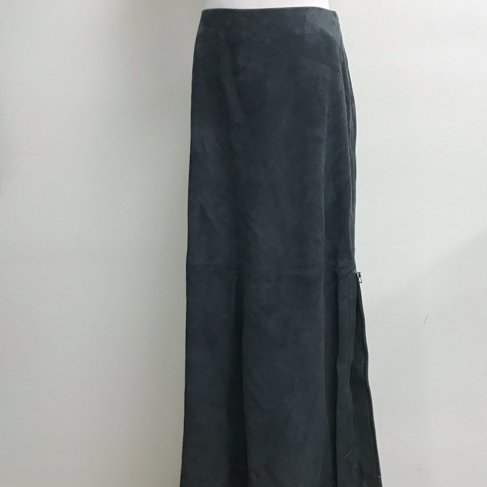 Worth New York navy blue suede leather long maxi skirt 10 lined side slit zips